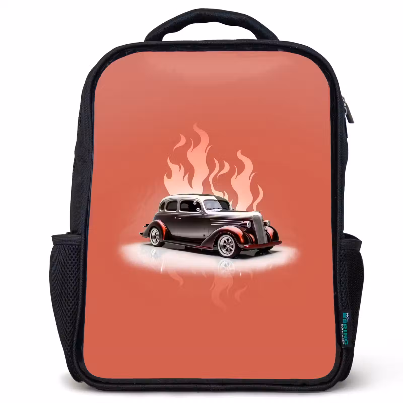 Sac à dos enfant - Noir - Voiture grise avec flammes roses — 1