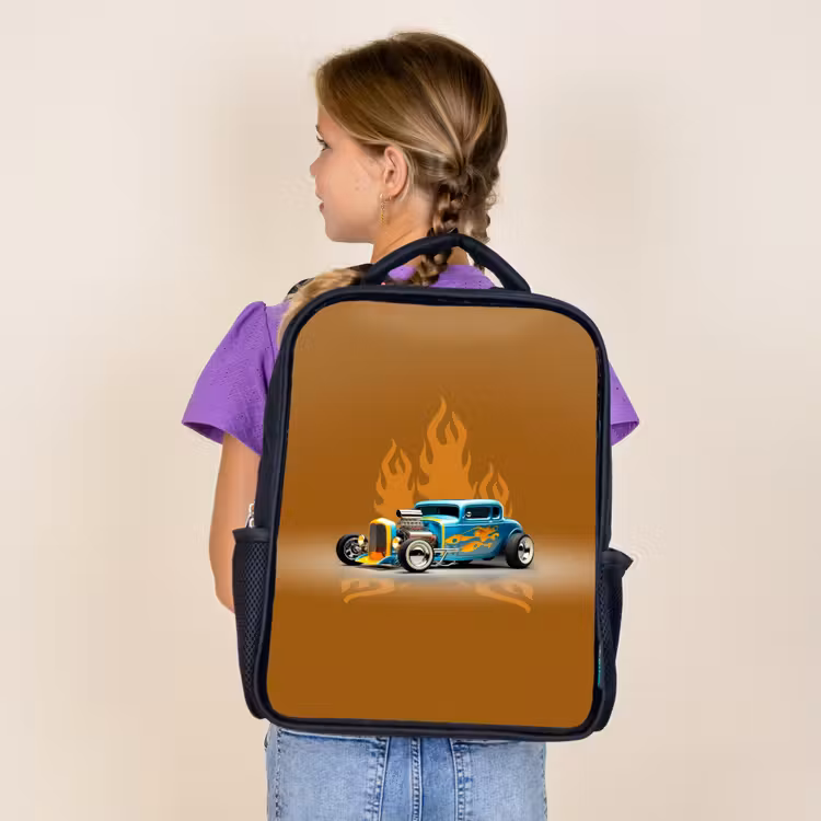 Sac à dos enfant - Noir - Voiture bleue avec flammes jaunes — 4