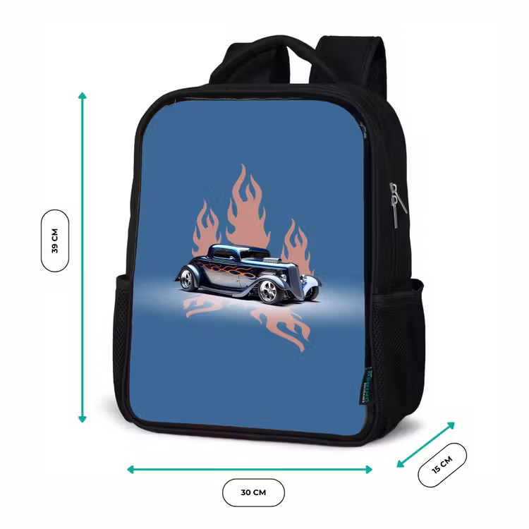 Sac à dos enfant - Noir - Voiture bleue avec flammes roses — 8