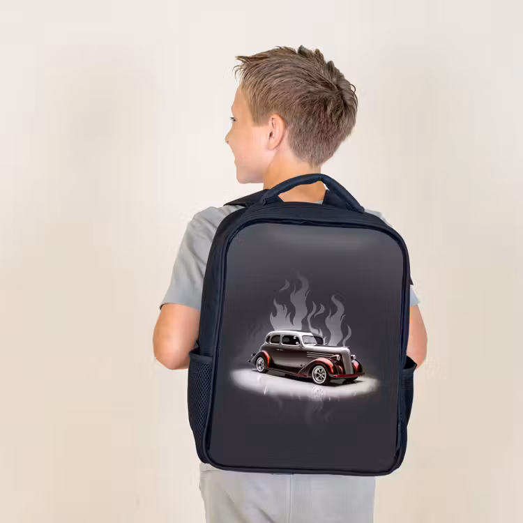 Sac à dos enfant - Noir - Voiture grise avec flammes grises — 2