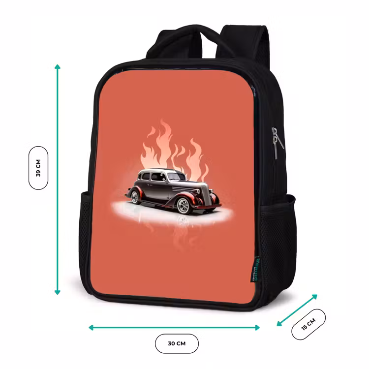 Sac à dos enfant - Noir - Voiture grise avec flammes roses — 8