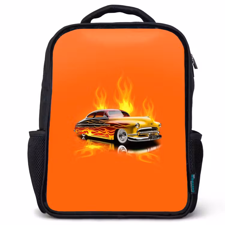 Sac à dos enfant - Noir - Voiture jaune avec flammes jaunes — 1