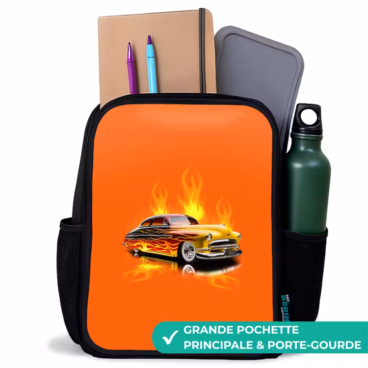 Sac à dos enfant - Noir - Voiture jaune avec flammes jaunes — 10