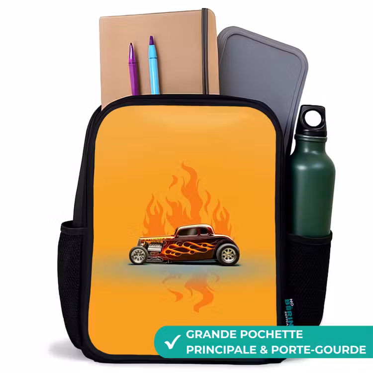 Sac à dos enfant - Noir - Voiture marron avec flammes jaunes — 10