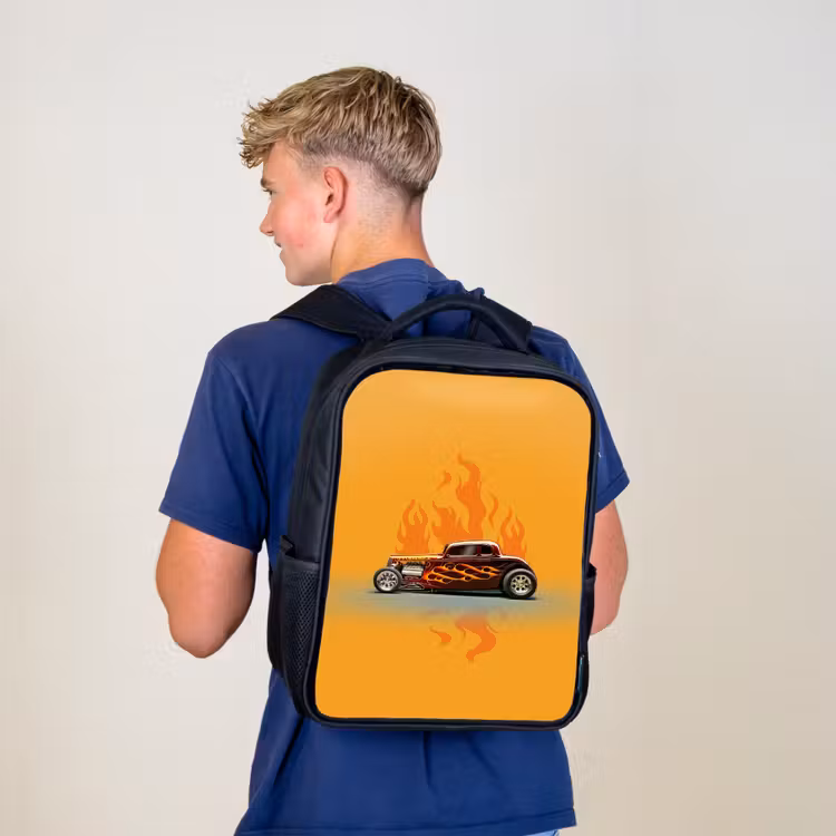 Sac à dos enfant - Noir - Voiture marron avec flammes jaunes — 5