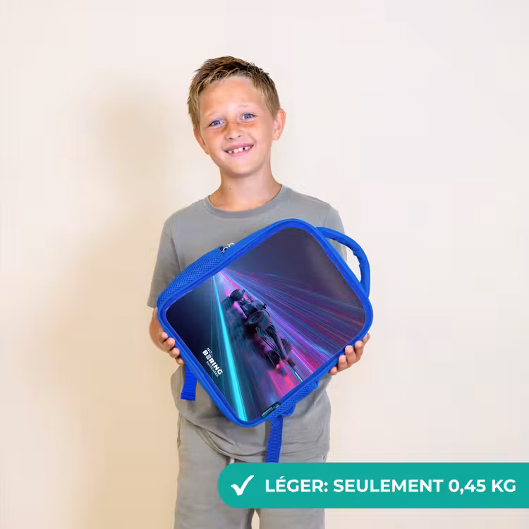 Sac à dos enfant - Bleu - Néon - Voiture de course - Bandes lumineuses - Violet — 3