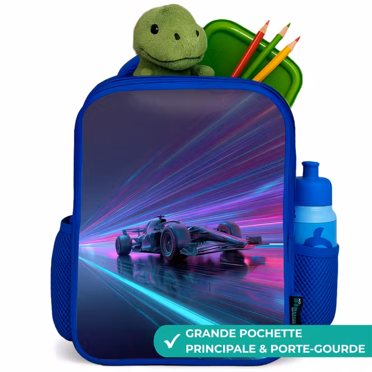 Sac à dos enfant - Bleu - Néon - Voiture de course - Bandes lumineuses - Violet — 5