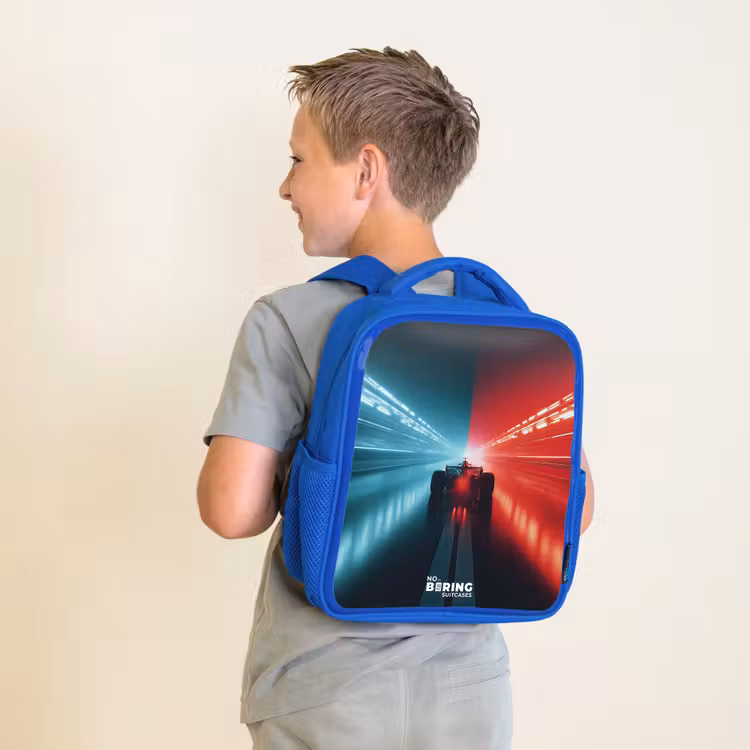 Sac à dos enfant - Bleu - Piste - Voiture de course - Néon - Rouge — 2