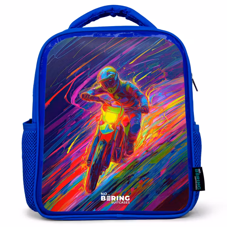 Sac à dos enfant - Bleu - Vélo de cross - Couleurs néon - Lignes - Casque — 1