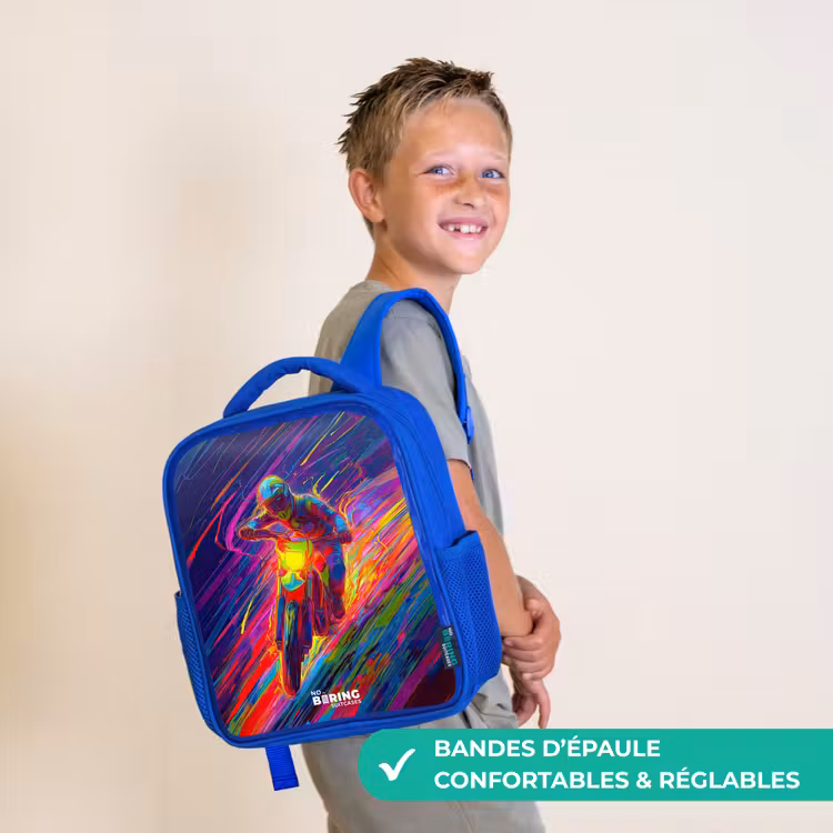 Sac à dos enfant - Bleu - Vélo de cross - Couleurs néon - Lignes - Casque — 4