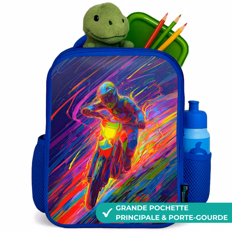 Sac à dos enfant - Bleu - Vélo de cross - Couleurs néon - Lignes - Casque — 5