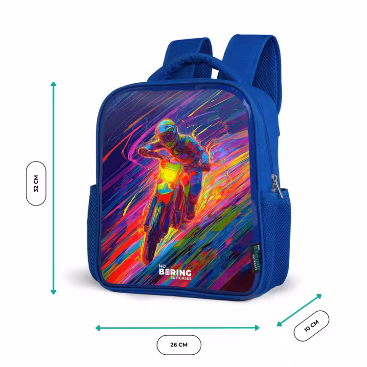 Sac à dos enfant - Bleu - Vélo de cross - Couleurs néon - Lignes - Casque — 6