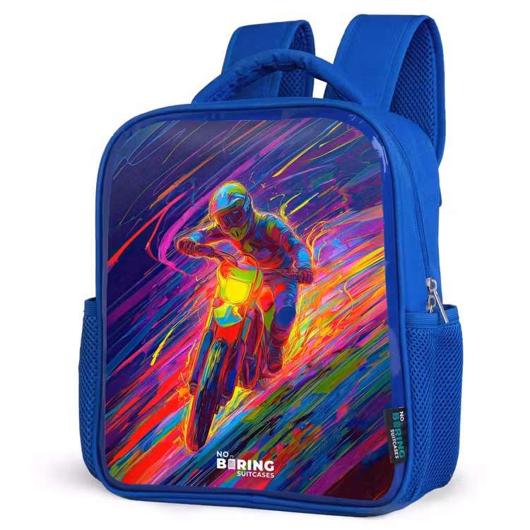 Sac à dos enfant - Bleu - Vélo de cross - Couleurs néon - Lignes - Casque — 7