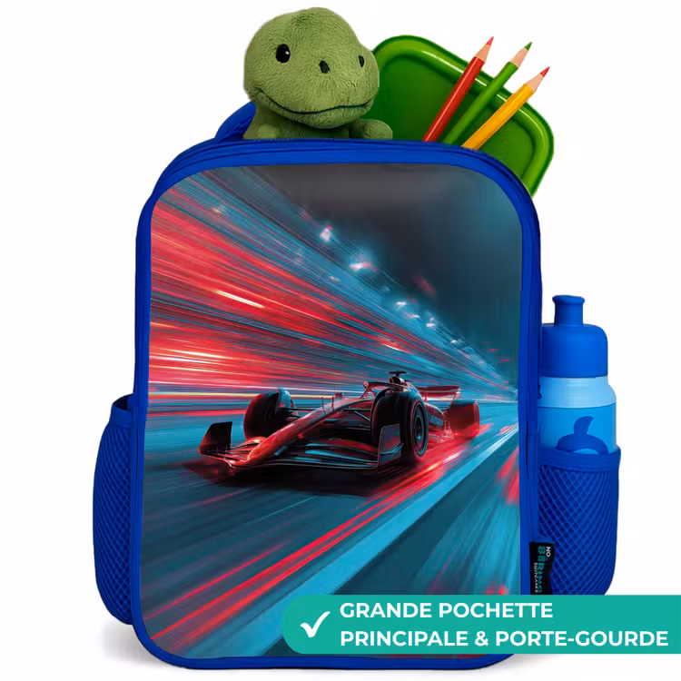 Sac à dos enfant - Bleu - Voiture de course - Piste - Néon - Eclairage — 5