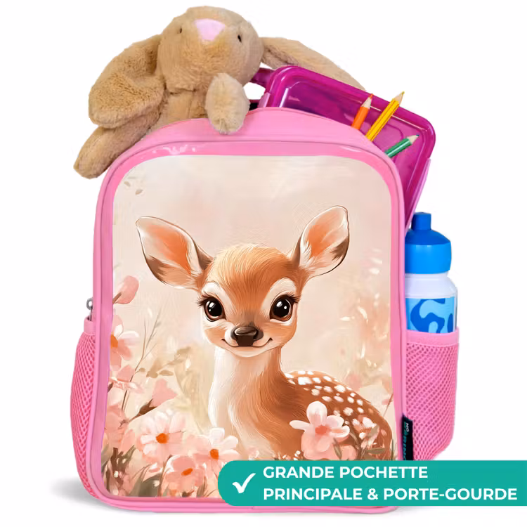 Sac à dos enfant - Rose - Cerf - Yeux - Points - Fleurs — 2