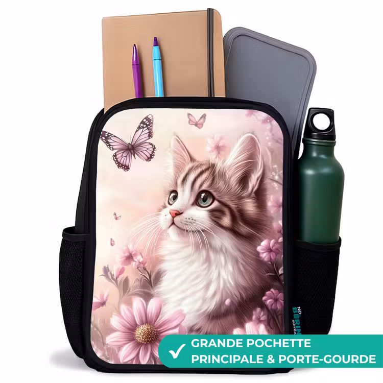 Sac à dos enfant - Rose - Chat - Mauve - Papillons - Fleurs — 10