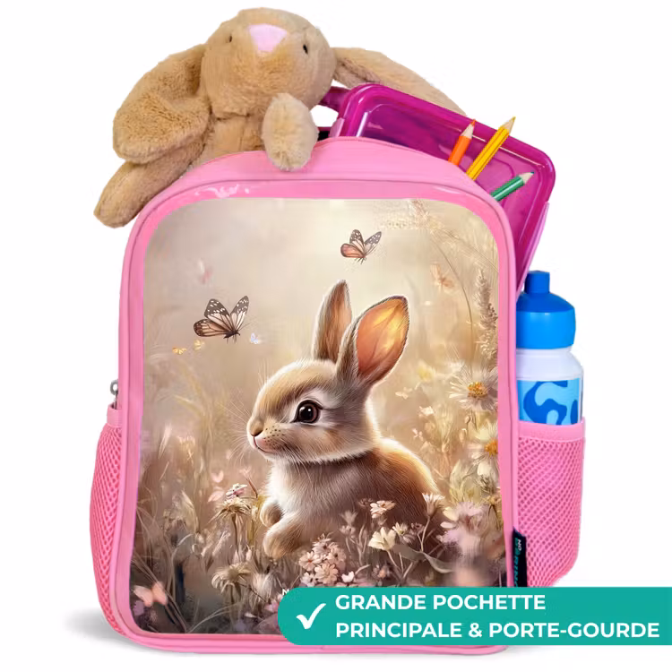 Sac à dos enfant - Rose - Fleurs - Marron - Lapin - Papillon — 2
