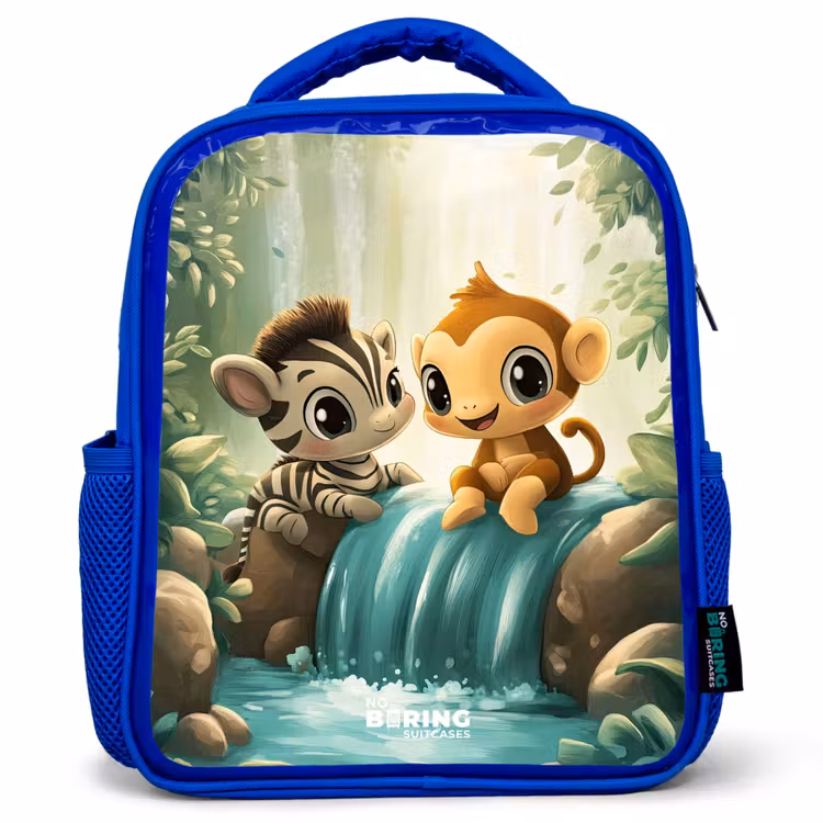 Sac à dos enfant - Bleu - Zèbre - Singe - Cascade - Rochers — 1