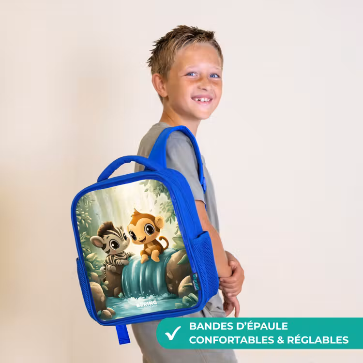 Sac à dos enfant - Bleu - Zèbre - Singe - Cascade - Rochers — 4