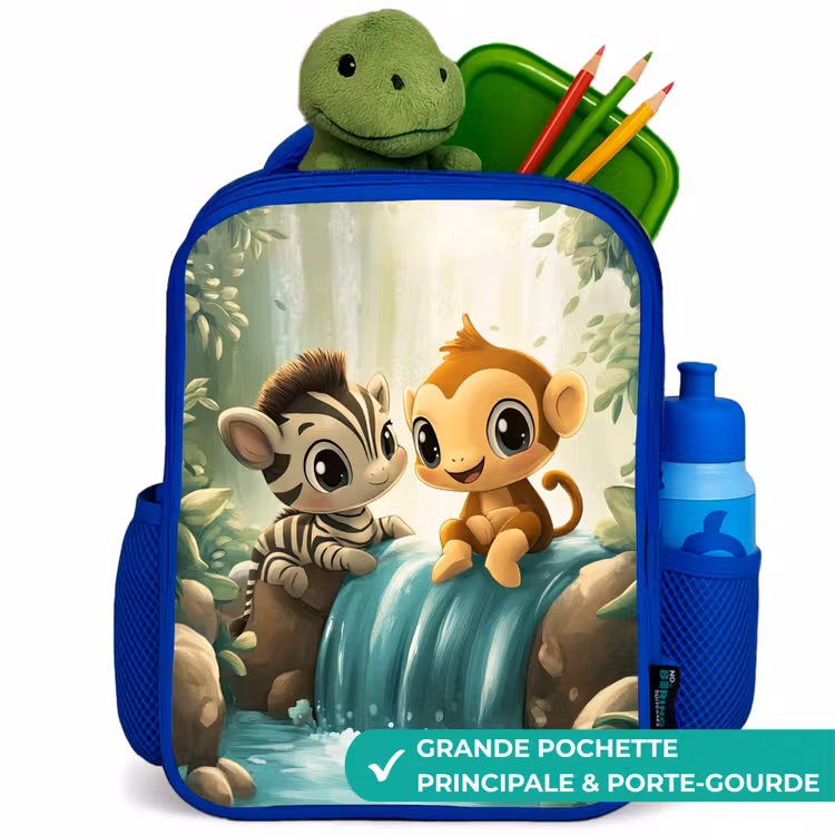 Sac à dos enfant - Bleu - Zèbre - Singe - Cascade - Rochers — 5