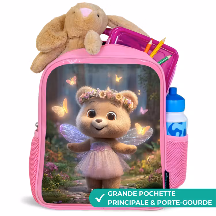 Sac à dos enfant - Rose - Ours - Papillons - Forêt - Fée — 2