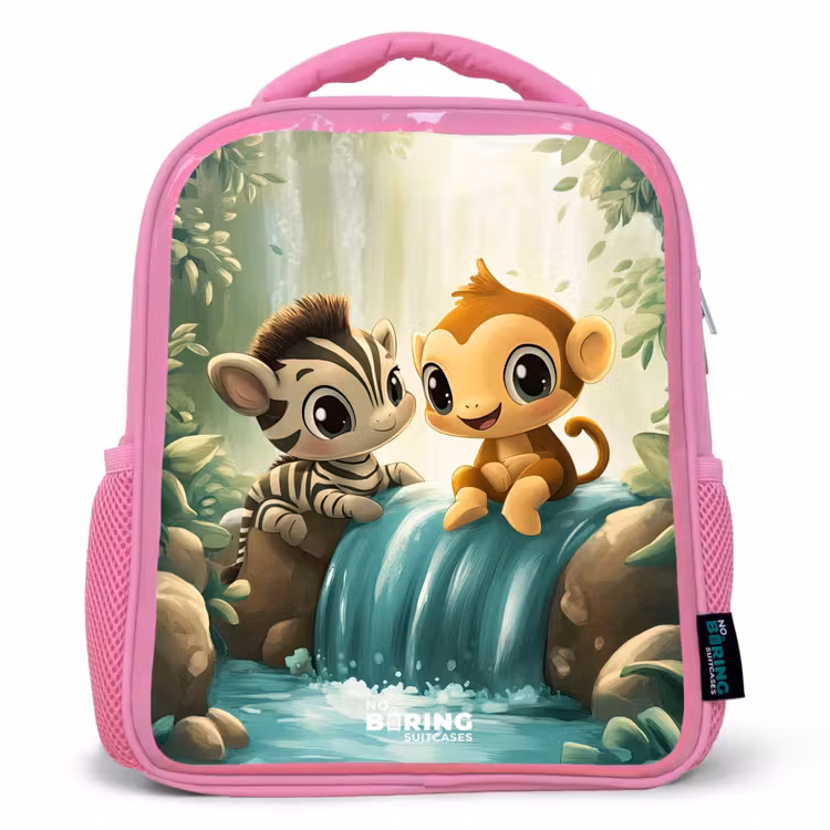 Sac à dos enfant - Rose - Zèbre - Singe - Cascade - Rochers — 1