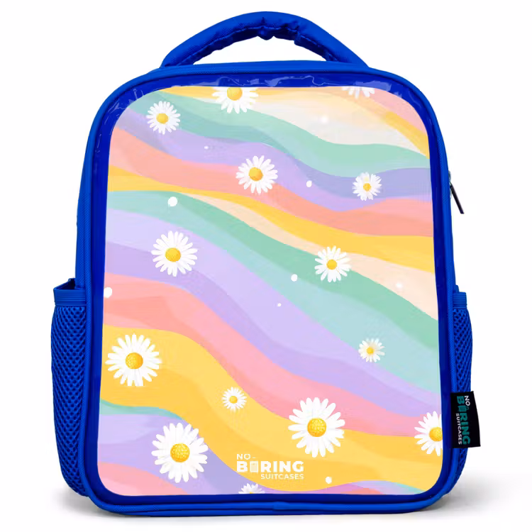Sac à dos enfant - Bleu - Marguerites sur fond d'arc-en-ciel — 1