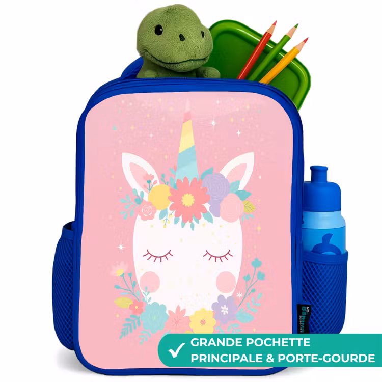 Sac à dos enfant - Bleu - Licorne - Fleurs - Rose — 5