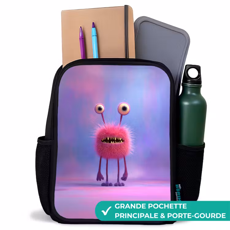 Sac à dos enfant - Noir - Monstre rose à fourrure avec de grands yeux — 10