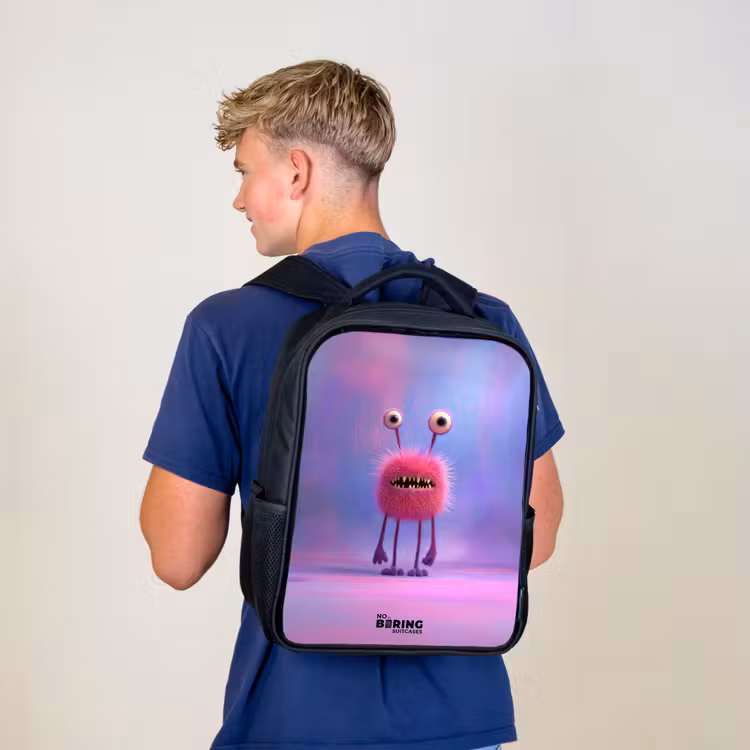 Sac à dos enfant - Noir - Monstre rose à fourrure avec de grands yeux — 5