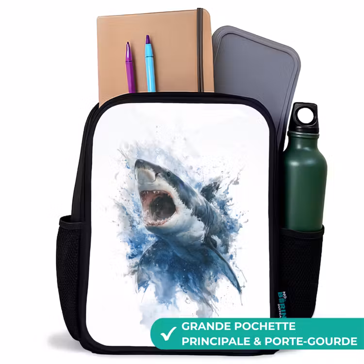 Sac à dos enfant - Noir - Requin attaquant à l'aquarelle — 10