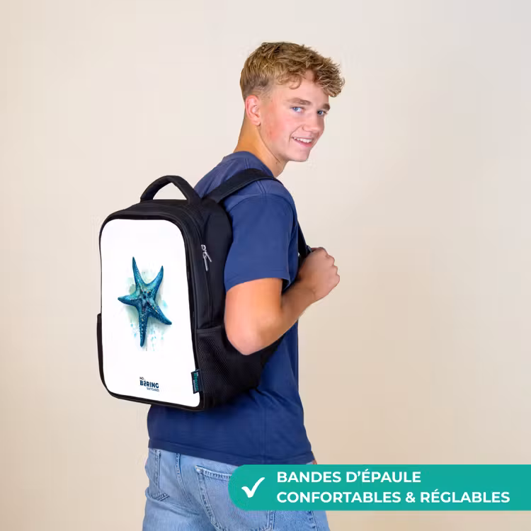 Sac à dos enfant - Noir - Étoile de mer bleue sur fond blanc — 11