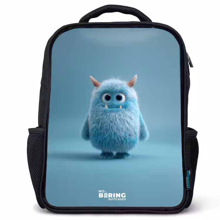 Sac à dos enfant - Noir - Monstre bleu en peluche avec des cornes — 1