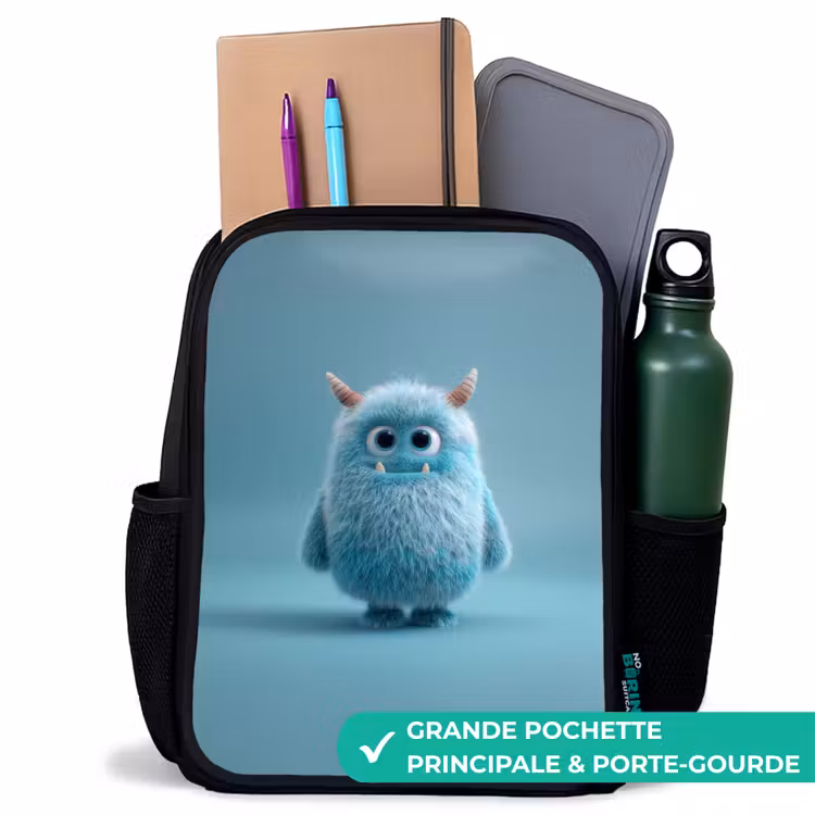 Sac à dos enfant - Noir - Monstre bleu en peluche avec des cornes — 10