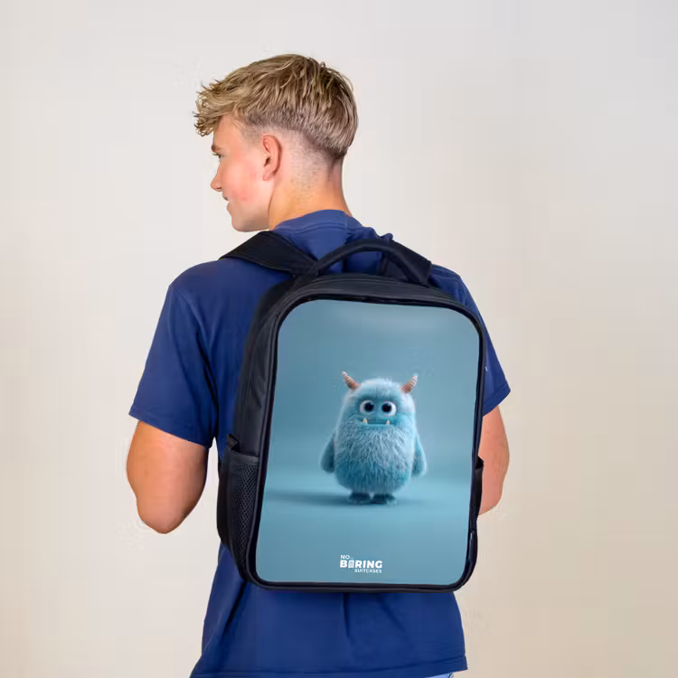 Sac à dos enfant - Noir - Monstre bleu en peluche avec des cornes — 5
