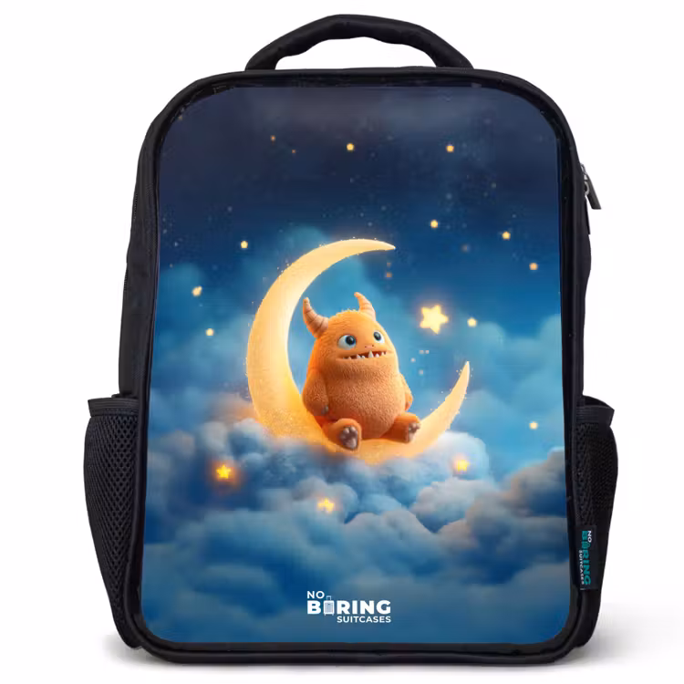 Sac à dos enfant - Noir - Monstre orange sur croissant de lune — 1