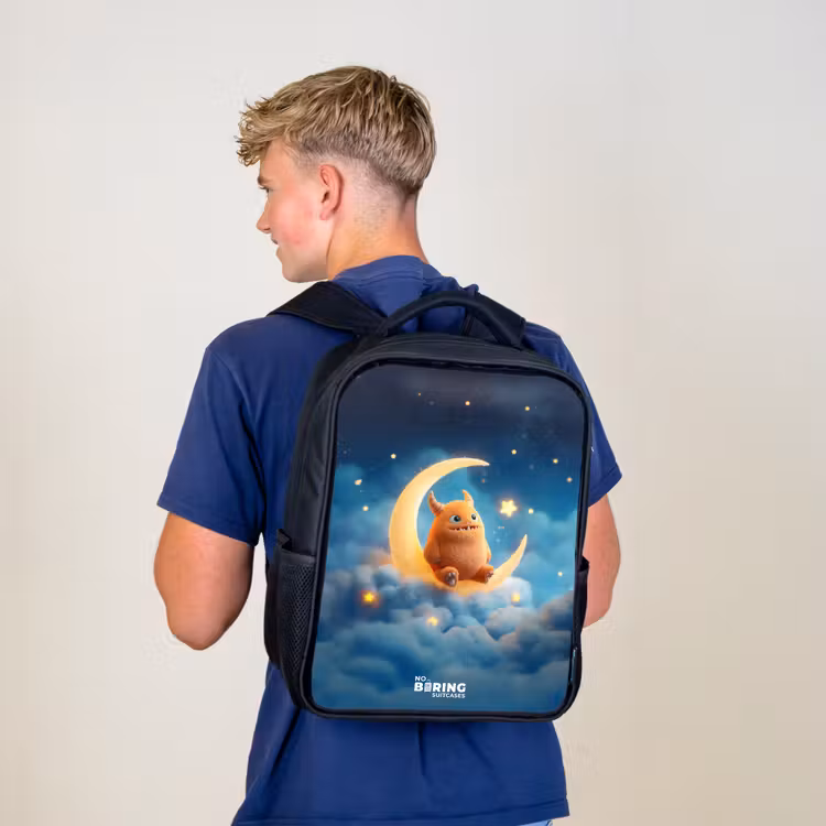 Sac à dos enfant - Noir - Monstre orange sur croissant de lune — 5