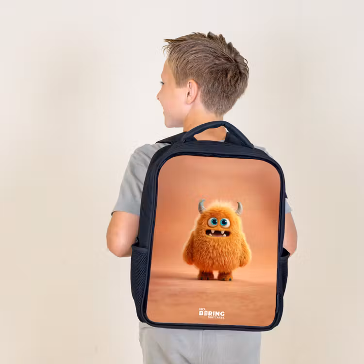 Sac à dos enfant - Noir - Monstre pelucheux orange avec cornes — 2