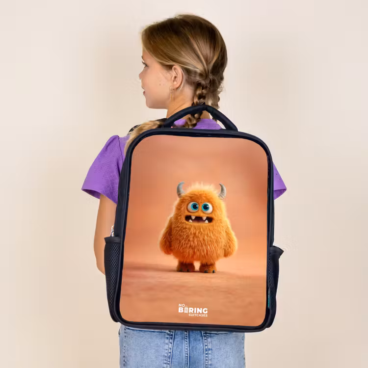 Sac à dos enfant - Noir - Monstre pelucheux orange avec cornes — 4