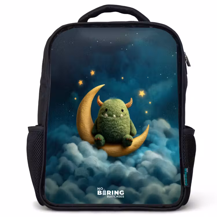 Sac à dos enfant - Noir - Monstre vert sur croissant de lune — 1
