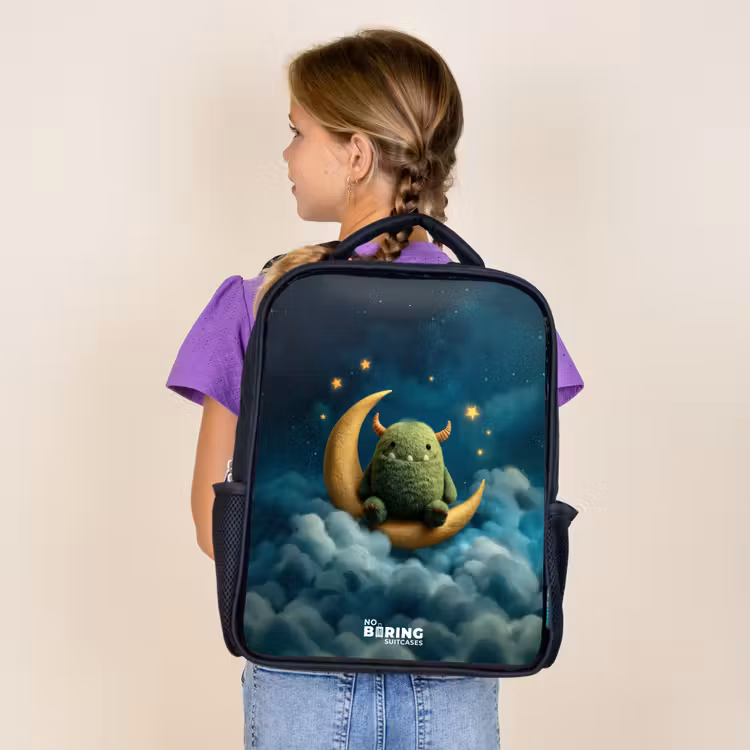 Sac à dos enfant - Noir - Monstre vert sur croissant de lune — 4