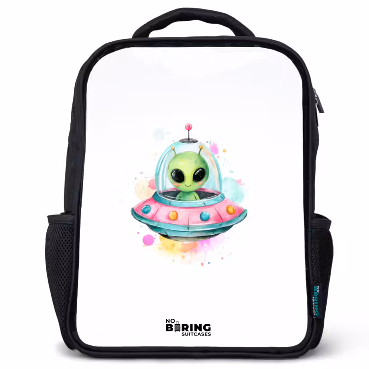 Sac à dos enfant - Noir - Un extraterrestre vert dans un OVNI coloré — 1