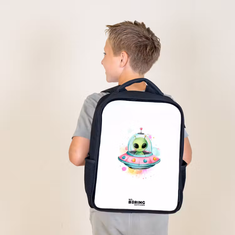 Sac à dos enfant - Noir - Un extraterrestre vert dans un OVNI coloré — 2