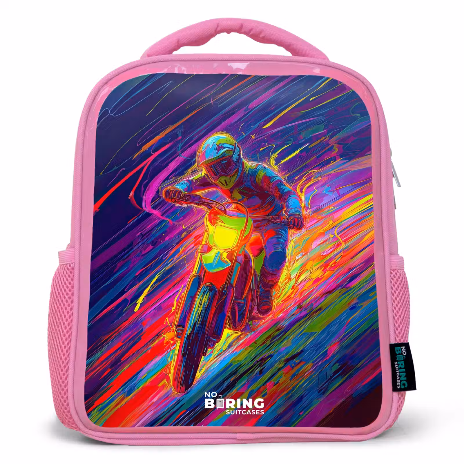Sac à dos enfant - Rose - Vélo de cross - Couleurs néon - Lignes - Casque — 1
