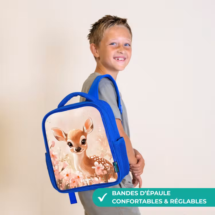 Sac à dos enfant - Bleu - Cerf - Yeux - Points - Fleurs — 4
