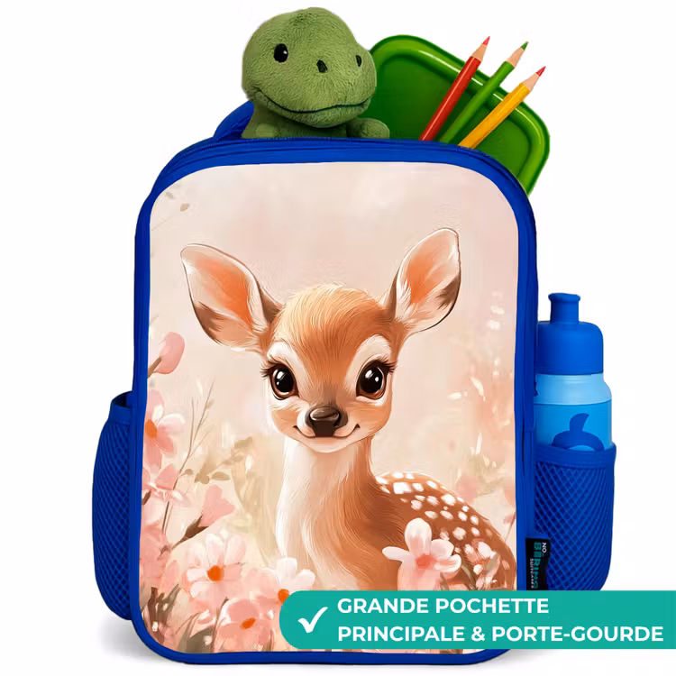 Sac à dos enfant - Bleu - Cerf - Yeux - Points - Fleurs — 5