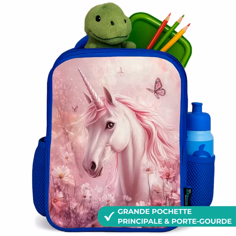 Sac à dos enfant - Bleu - Licorne - Rose - Papillons - Fleurs — 5