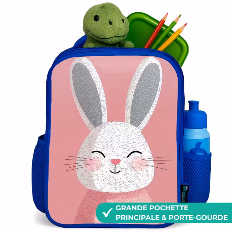Sac à dos enfant - Bleu - Rose - Lapin - Sourire - Illustration — 5