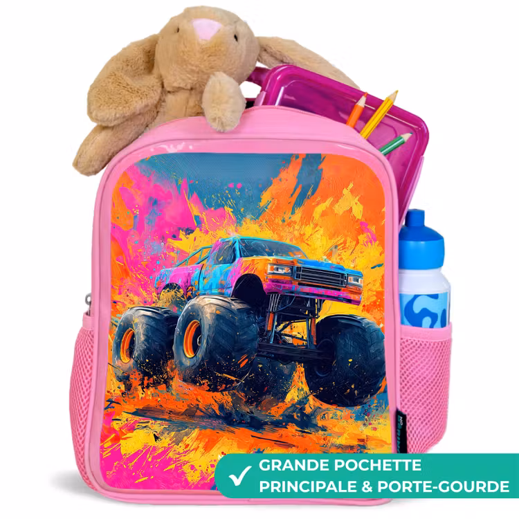 Sac à dos enfant - Rose - Camion monstre - Éclaboussures de peinture - Coloré - Explosion — 2