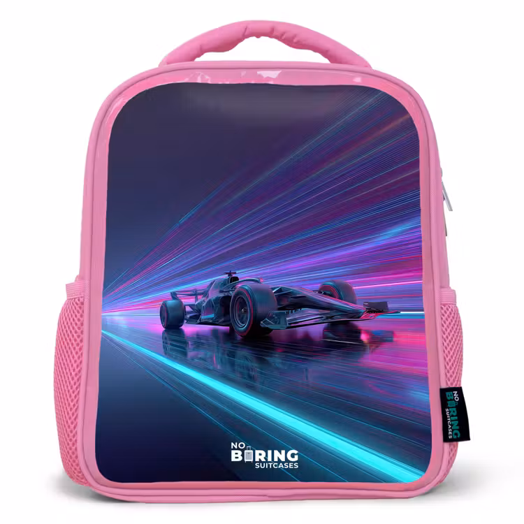 Sac à dos enfant - Rose - Néon - Voiture de course - Bandes lumineuses - Violet — 1